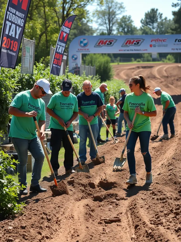 Volunteers and participants working together to maintain the kart-cross track, showcasing the community spirit and collaborative efforts within the organization.