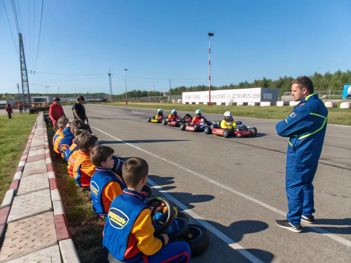 A dynamic shot of young participants in a kart-cross training session, showcasing the excitement and skill-building aspects of the program. The image should convey a sense of safety and professional instruction.
