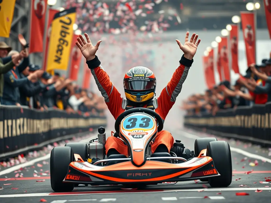 A person smiling and celebrating a successful kart-cross race, highlighting the personal growth and sense of accomplishment gained through participation.