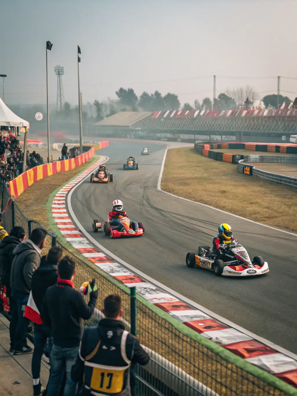 A kart-cross event with spectators cheering on the racers, illustrating the excitement and social atmosphere fostered by Sprintcar Dunois.