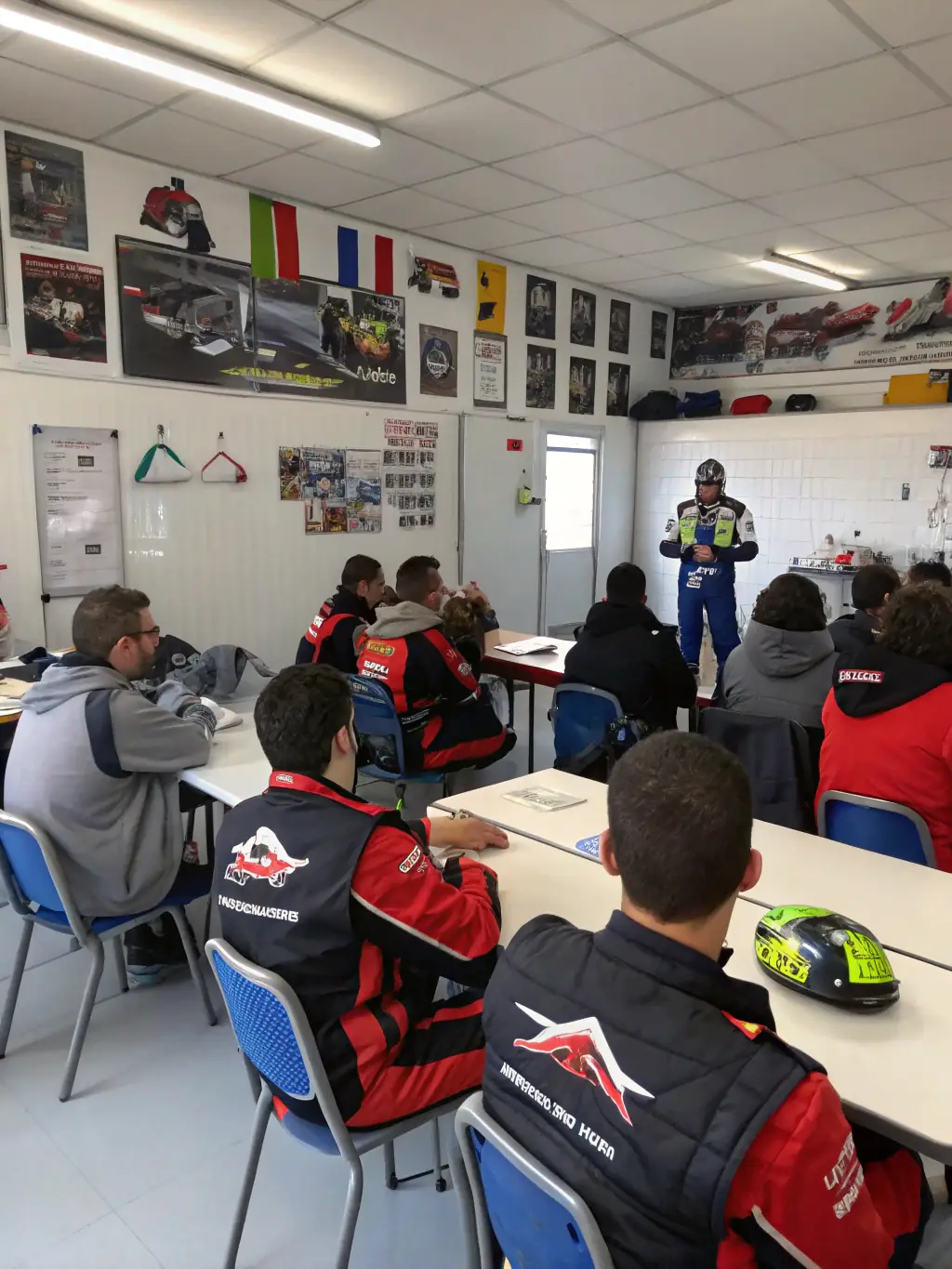 A group of adult participants receiving instruction on kart maintenance and safety procedures, highlighting the organization's focus on education and preparedness.