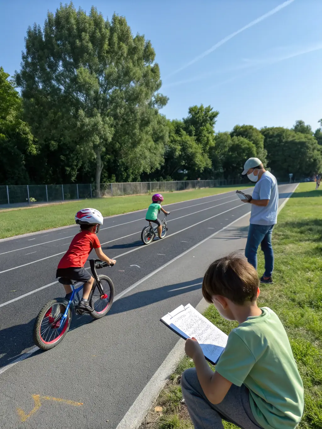 A vibrant image of children participating in a kart-cross training session, showcasing the fun and engaging atmosphere of the program.